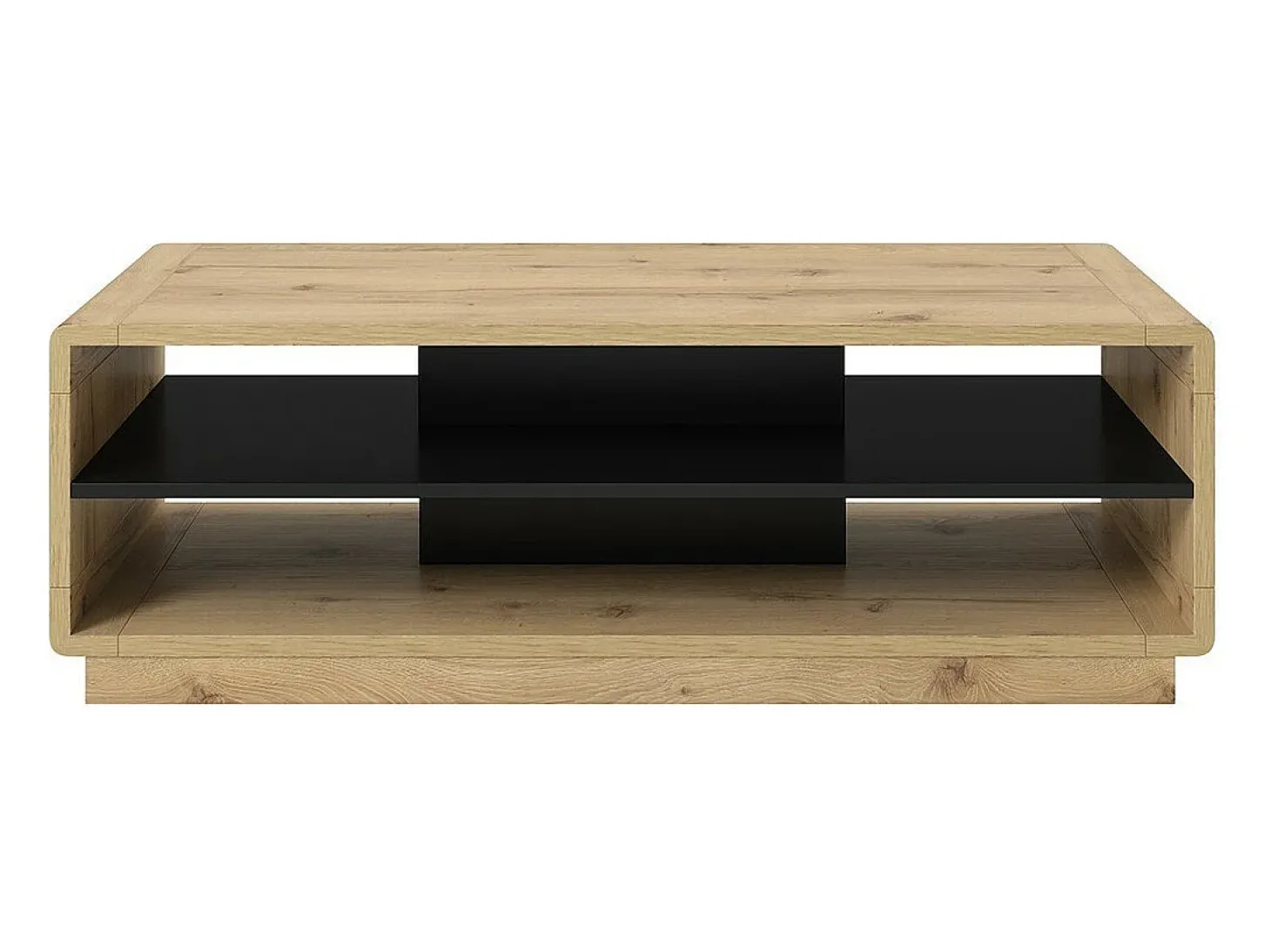 Mesa de centro cor carvalho e preto da coleção VILLA com nichos para armazenamento.