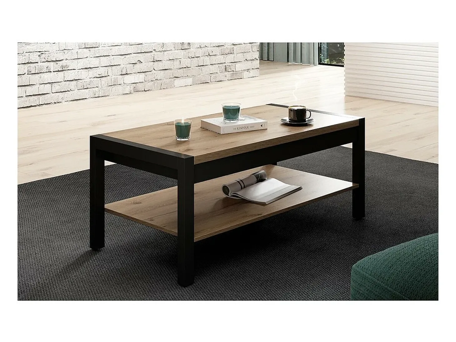 Mesa de centro cor carvalho e preto coleção BOWIE com prateleira intermediária de armazenamento.