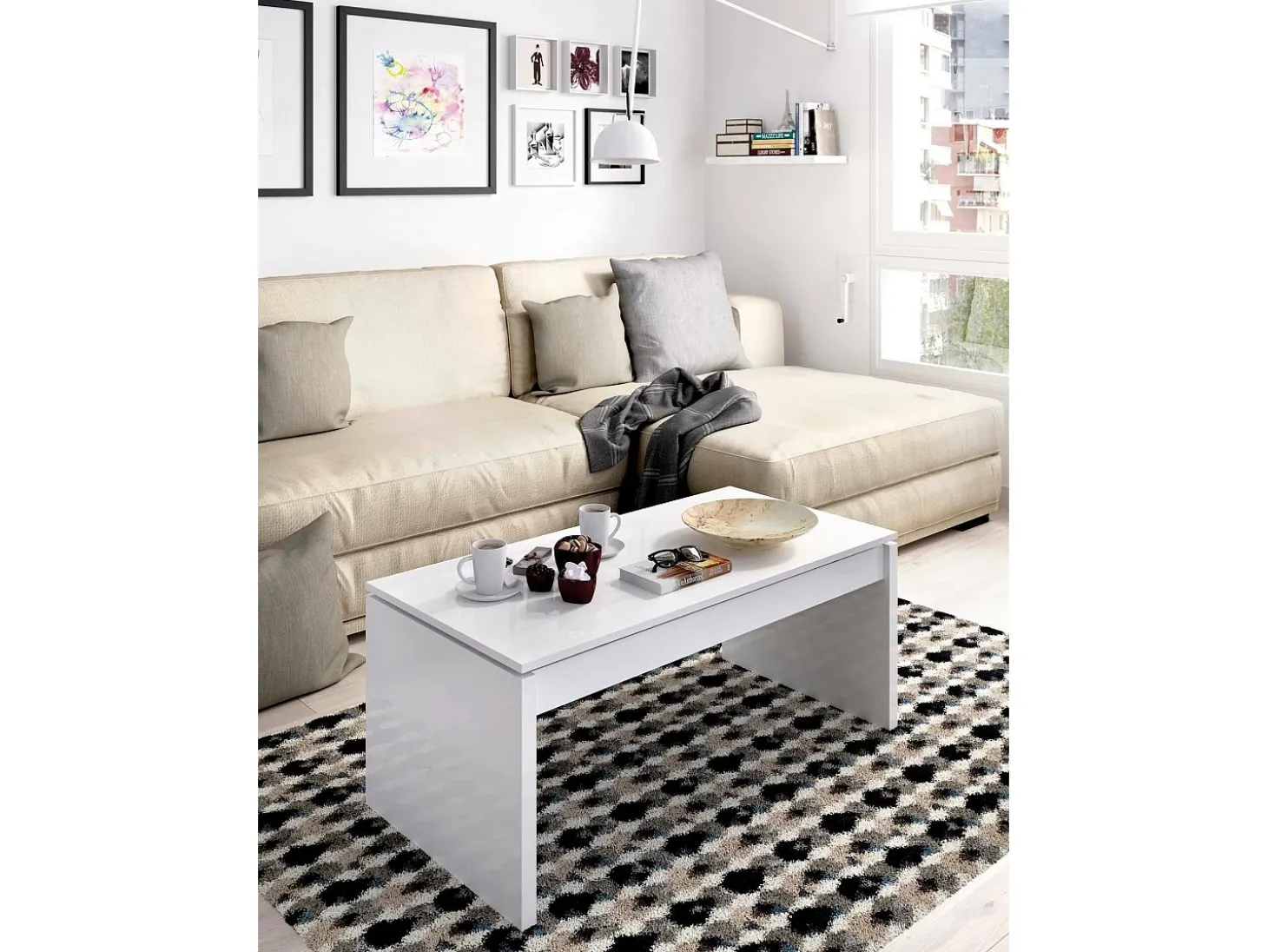 Mesa de centro Cuar, Porta-revistas da sala com compartimento de arrumação, Mesa de centro baixa elevada, 102x50h43 cm, Branco