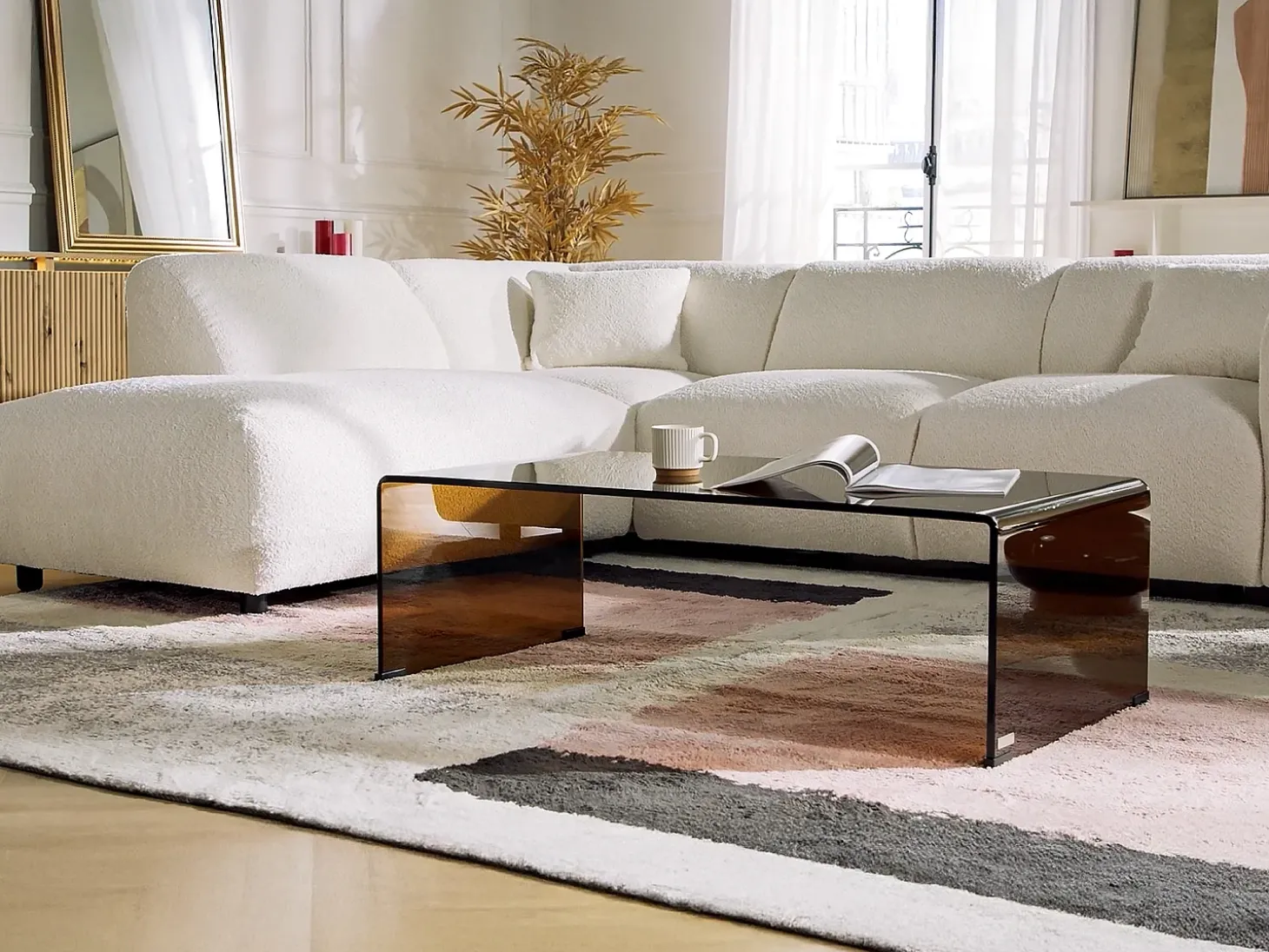 Mesa de centro curva em vidro temperado - Marrom - ALONZO