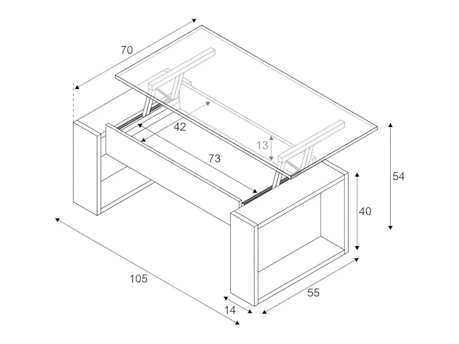 Mesa de centro Ddav, Mesa de centro com tampo elevável, Mesa baixa de sala, 105x55h45/56 cm, Carvalho atado