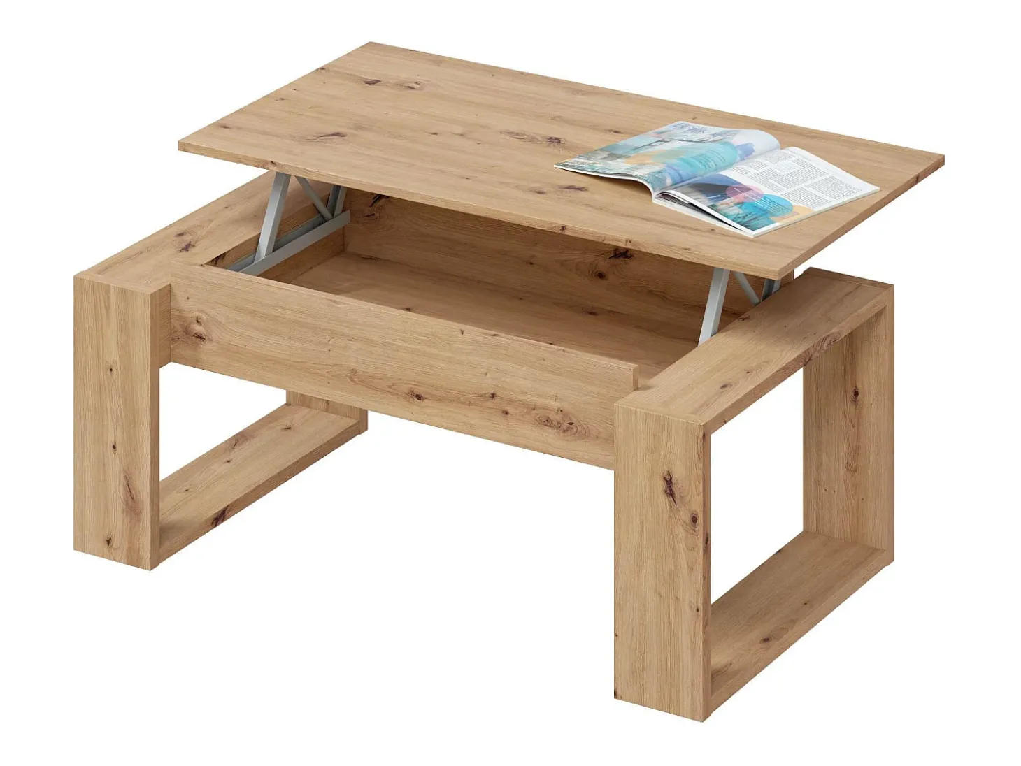 Mesa de centro Ddav, Mesa de centro com tampo elevável, Mesa baixa de sala, 105x55h45/56 cm, Carvalho atado