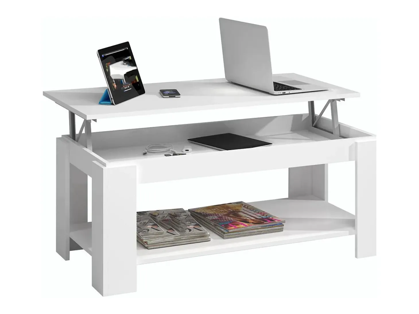 Mesa de centro Ddeviti, Mesa de centro com prateleira elevatória, Mesa baixa da sala, 102x50h43/54 cm, Branco mate