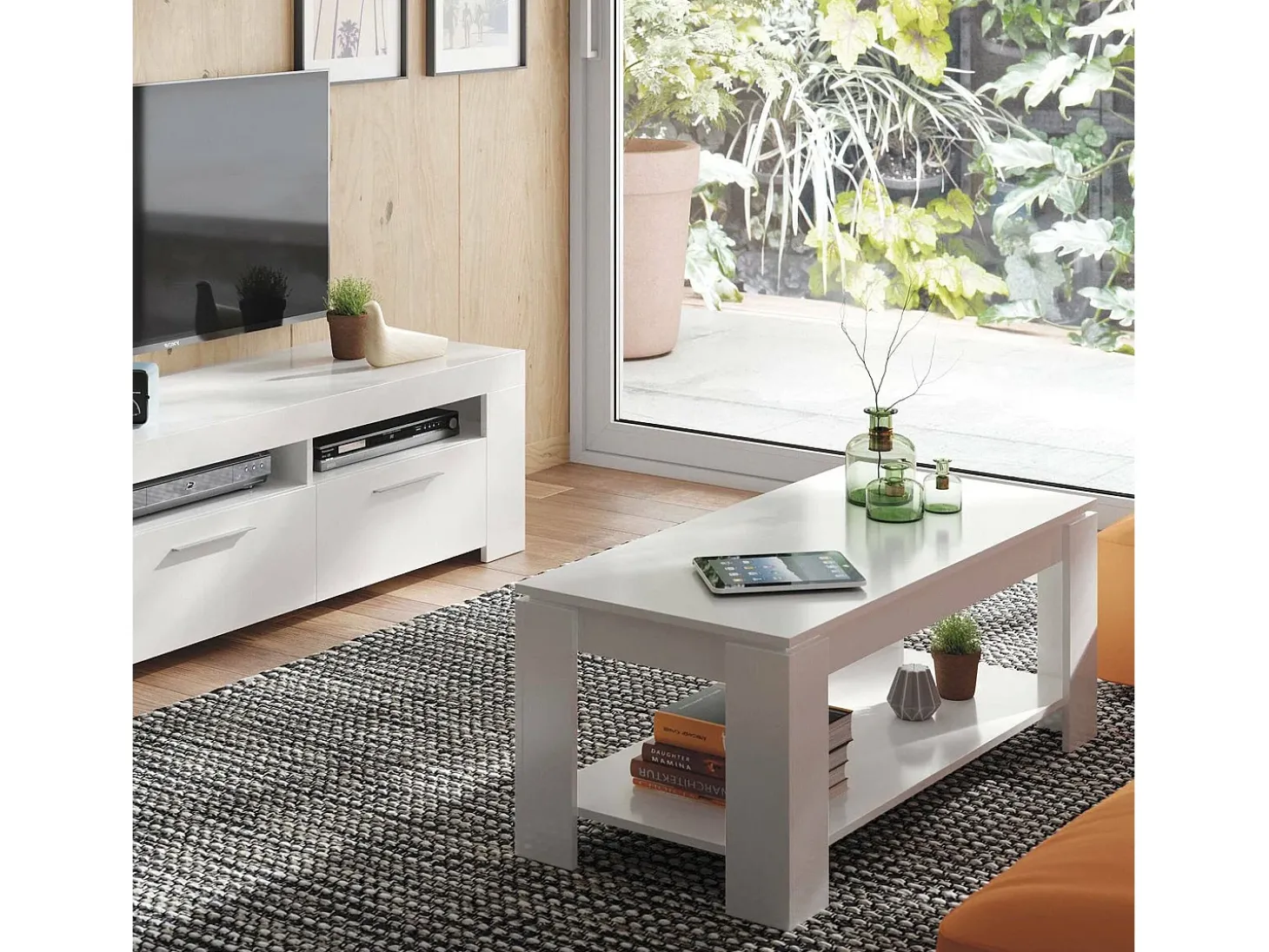 Mesa de centro Ddeviti, Mesa de centro com prateleira elevatória, Mesa baixa da sala, 102x50h43/54 cm, Branco mate