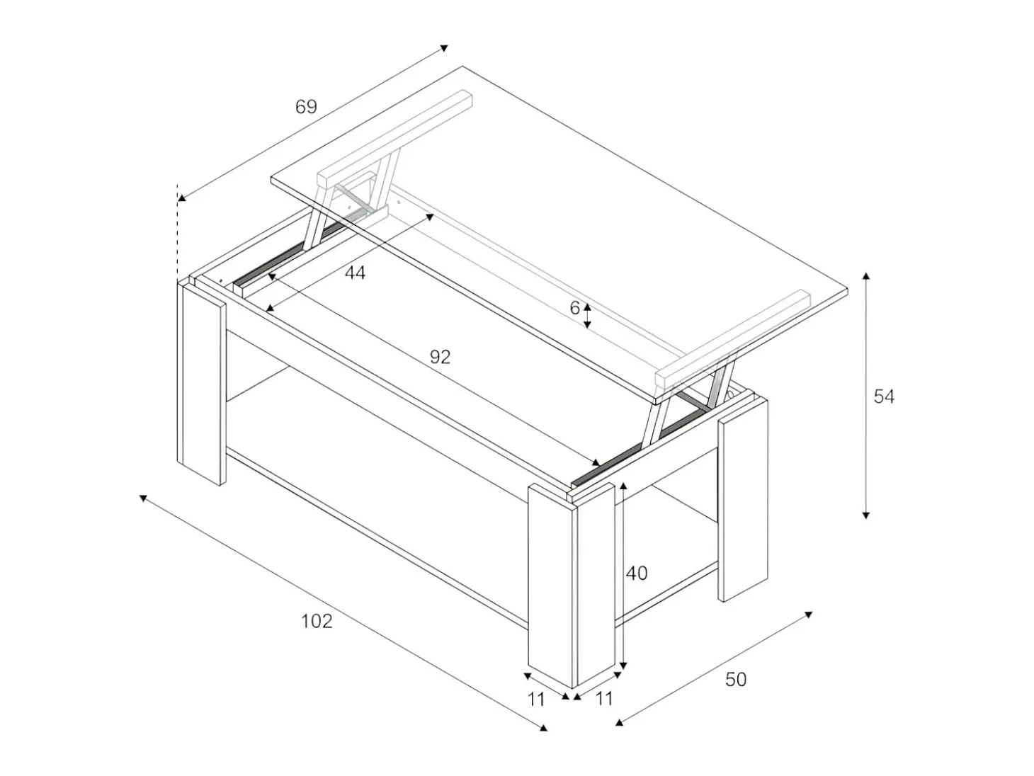 Mesa de centro Ddeviti, Mesa de centro com prateleira elevatória, Mesa baixa da sala, 102x50h43/54 cm, Branco mate