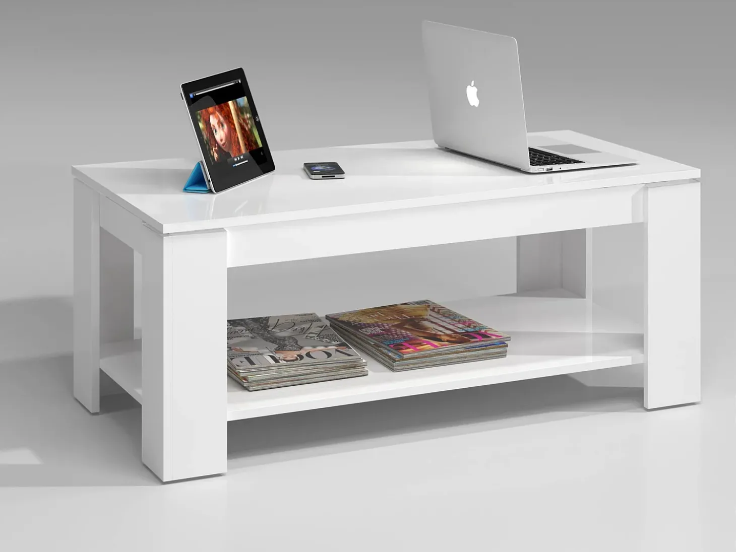 Mesa de centro Ddeviti, Mesa de centro com prateleira elevatória, Mesa baixa da sala, 102x50h43/54 cm, Branco mate