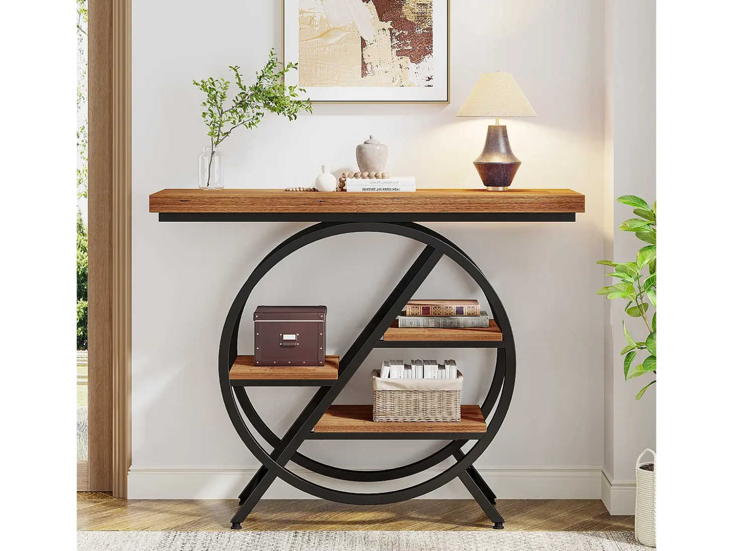 Mesa de centro de 100 cm com tampo espesso, mesa para sofá de corredor industrial estreita com 4 níveis e estrutura geométrica de metal, marrom claro