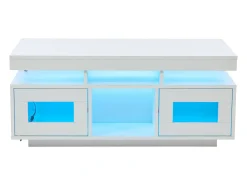 Mesa de centro de alto brilho 100x50x43cm - com 2 portas - iluminação LED - com porta de carregamento e tomada - branca