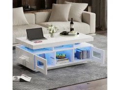 Mesa de centro de alto brilho 100x50x43cm - com 2 portas - iluminação LED - com porta de carregamento e tomada - branca
