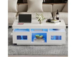 Mesa de centro de alto brilho 100x50x43cm - com 2 portas - iluminação LED - com porta de carregamento e tomada - branca