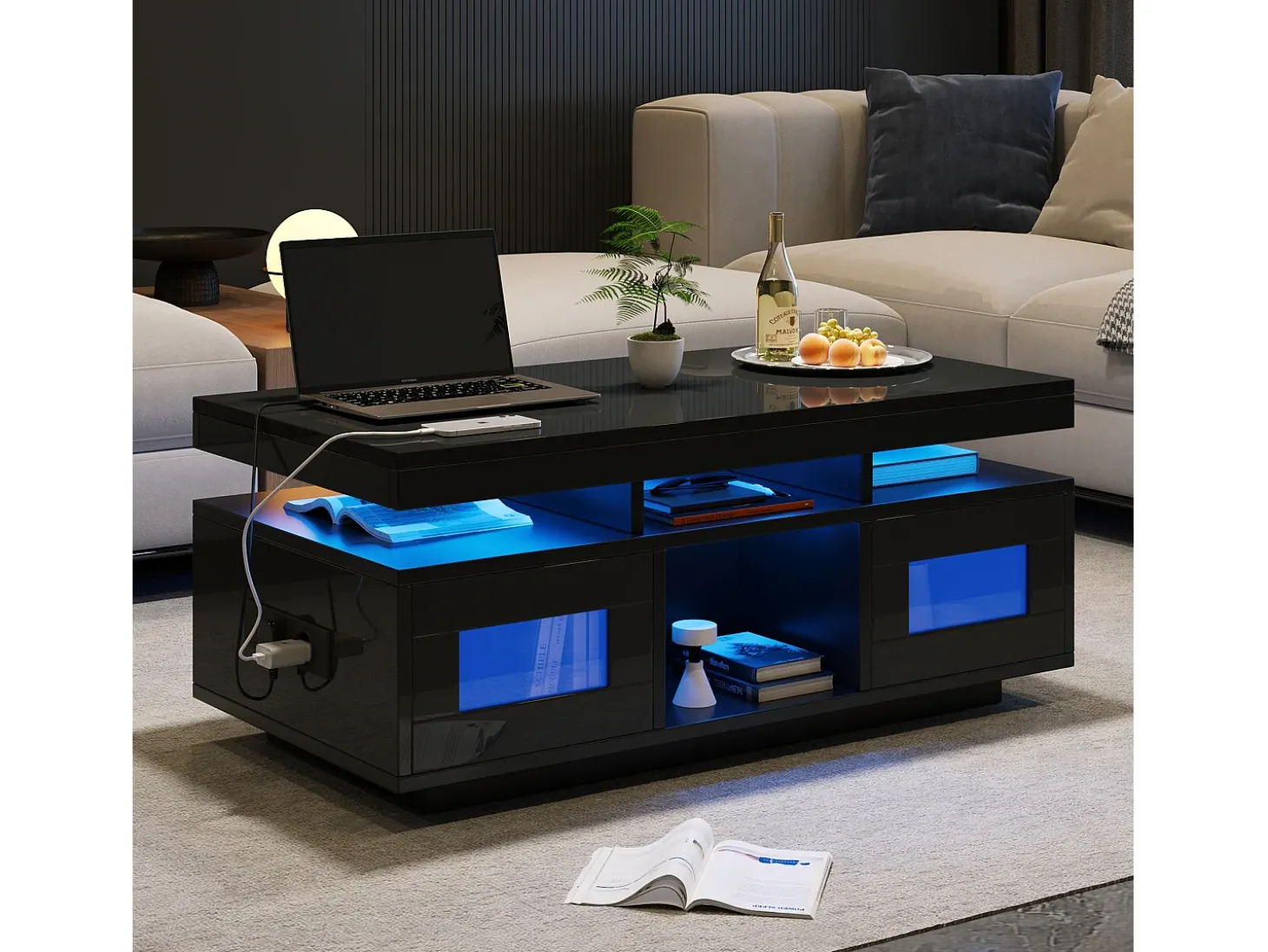 Mesa de centro de alto brilho 100x50x43cm - com 2 portas - iluminação LED - com porta de carregamento e tomada - preta