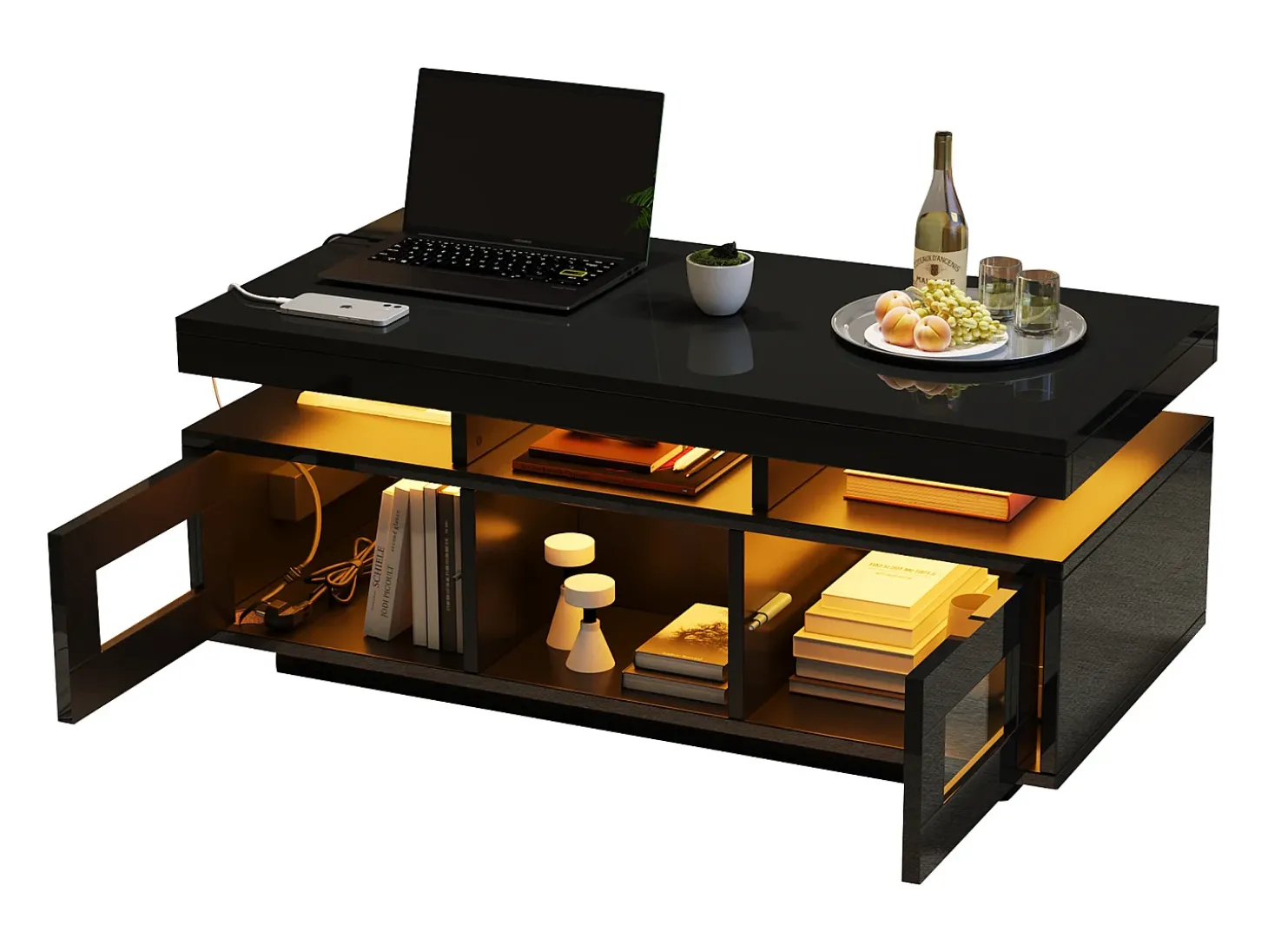 Mesa de centro de alto brilho 100x50x43cm - com 2 portas - iluminação LED - com porta de carregamento e tomada - preta