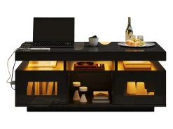 Mesa de centro de alto brilho 100x50x43cm - com 2 portas - iluminação LED - com porta de carregamento e tomada - preta