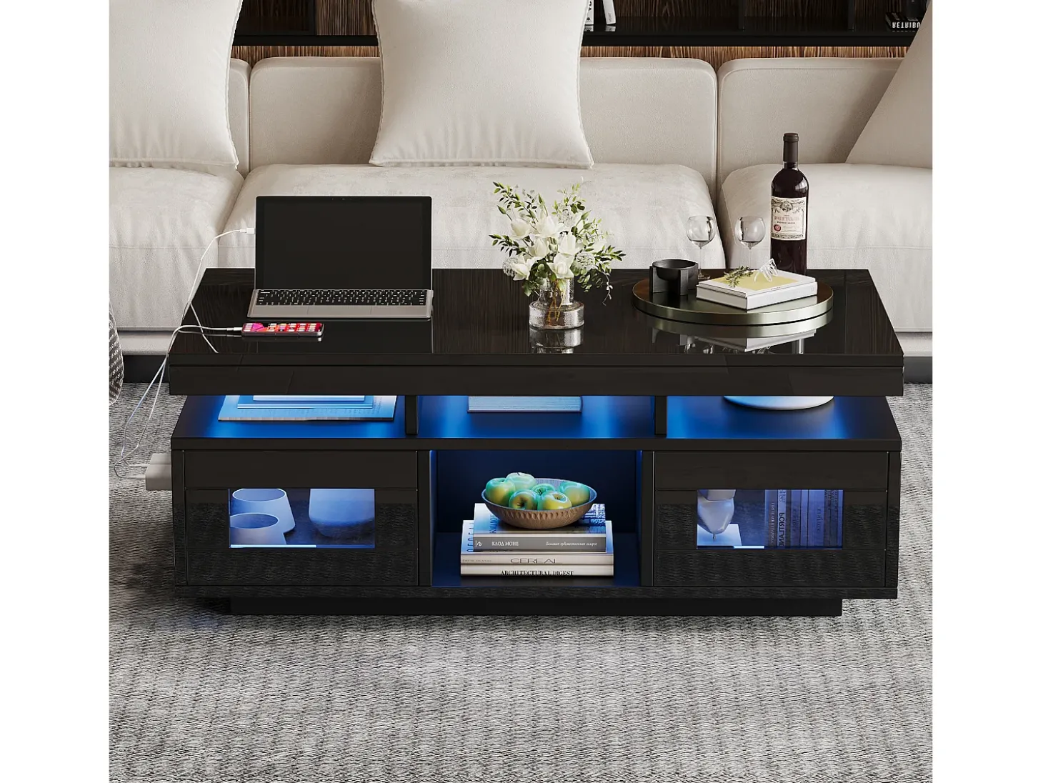 Mesa de centro de alto brilho 100x50x43cm - com 2 portas - iluminação LED - com porta de carregamento e tomada - preta