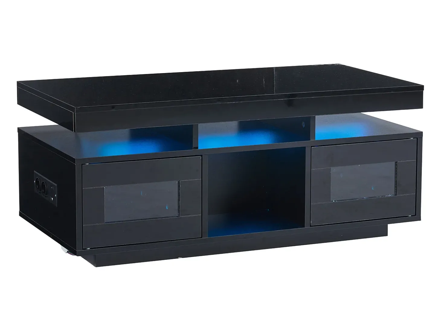 Mesa de centro de alto brilho 100x50x43cm - com 2 portas - iluminação LED - com porta de carregamento e tomada - preta