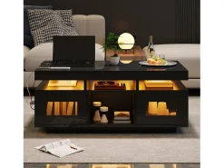 Mesa de centro de alto brilho 100x50x43cm - com 2 portas - iluminação LED - com porta de carregamento e tomada - preta