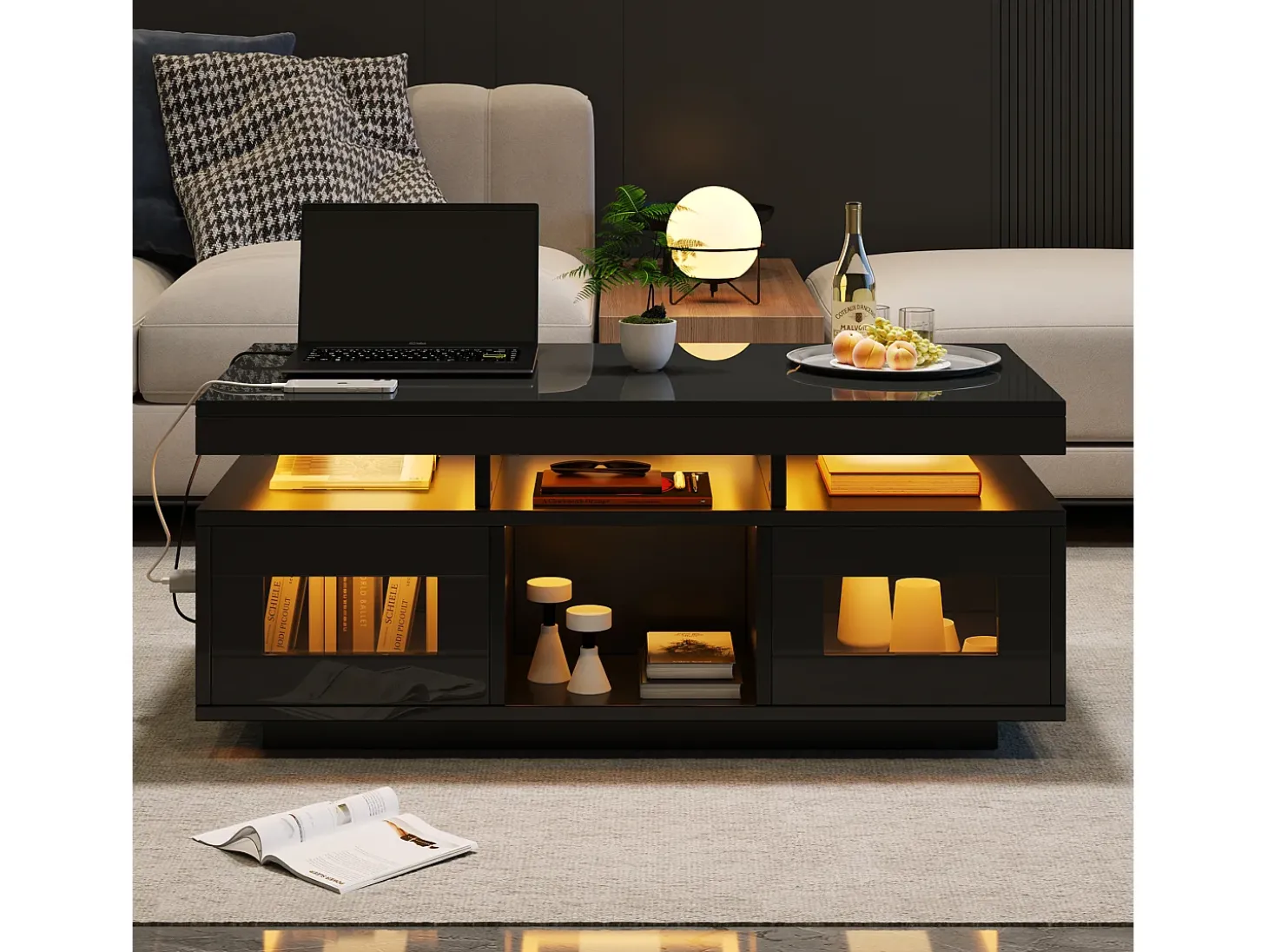 Mesa de centro de alto brilho 100x50x43cm - com 2 portas - iluminação LED - com porta de carregamento e tomada - preta