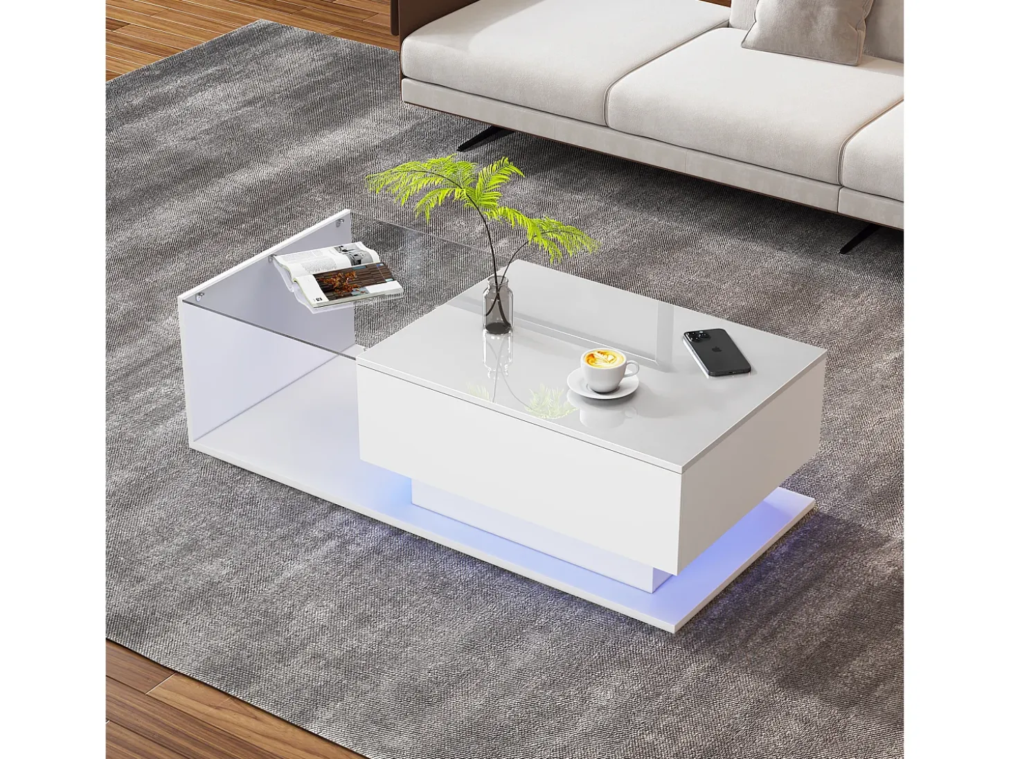 Mesa de centro de design com LED inteligente, branco brilhante e vidro integrado, 100x50 cm