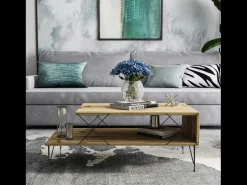 Mesa de Centro design BODEN Carvalho Metal Preto Com Arrumação