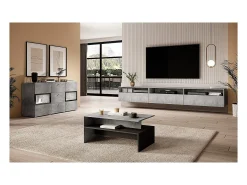 Mesa de centro design coleção RAMOS na cor cinza com efeito de concreto e preto.