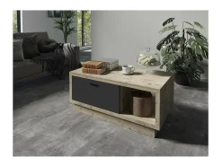 Mesa de centro design da coleção CORK com gaveta e nicho. Acabamento em madeira e cinza.