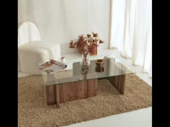 Mesa de centro design moderno NULA em madeira com tampo de vidro temperado