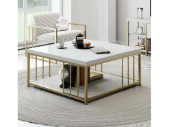 Mesa de centro DFedrizz, Mesa de café, Porta-revistas para sofá, Prateleira para sala de estar, 90x39h40 cm, Branco e Dourado