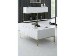 Mesa de centro Dfiamozz, Mesa baixa para café, Suporte para sofá, Prateleira para sala, 90x60h40 cm, Branco e Dourado