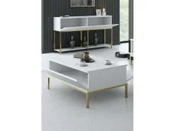 Mesa de centro Dfiamozz, Mesa baixa para café, Suporte para sofá, Prateleira para sala, 90x60h40 cm, Branco e Dourado