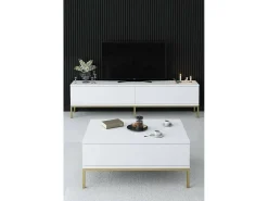 Mesa de centro Dfiamozz, Mesa baixa para café, Suporte para sofá, Prateleira para sala, 90x60h40 cm, Branco e Dourado