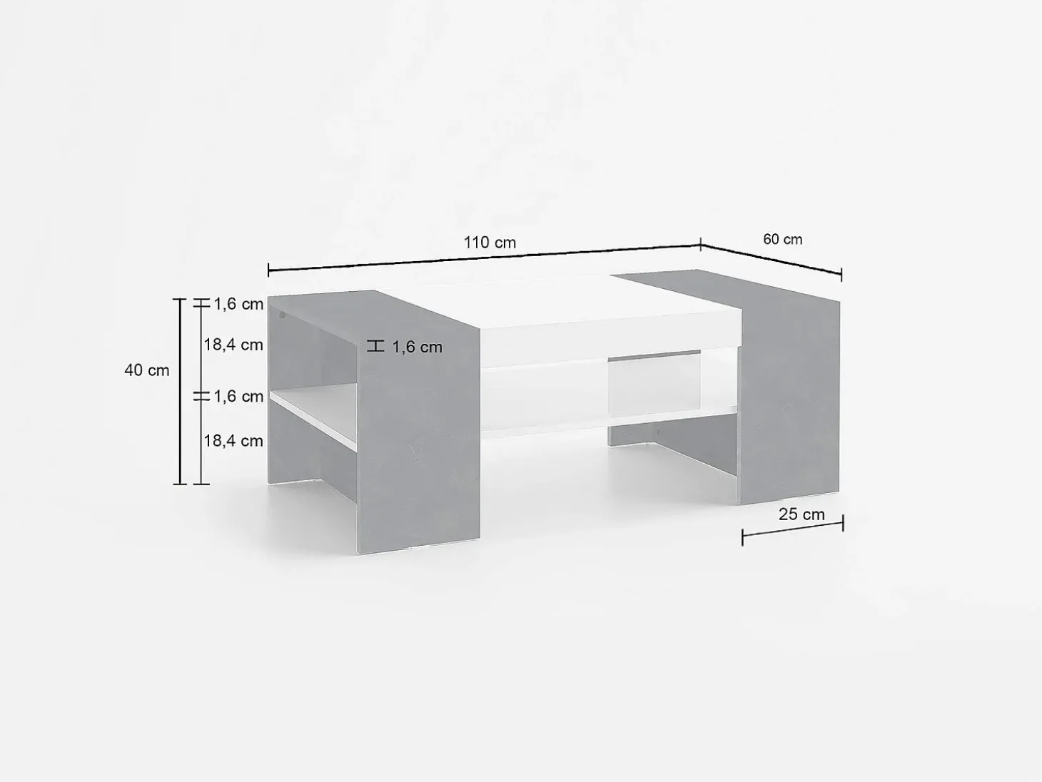 Mesa de centro Dfort, Mesa de centro baixa, Porta-revistas, 100% Fabricado na Itália, 110x60h40 cm, Branco brilhante e ardósia