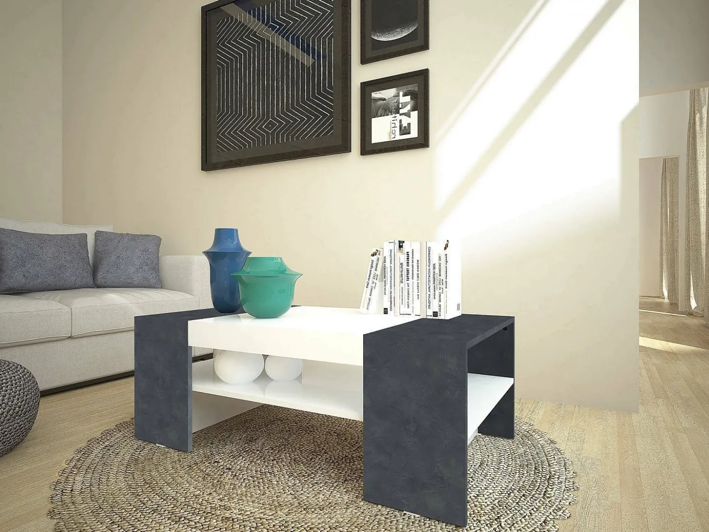 Mesa de centro Dfort, Mesa de centro baixa, Porta-revistas, 100% Fabricado na Itália, 110x60h40 cm, Branco brilhante e ardósia