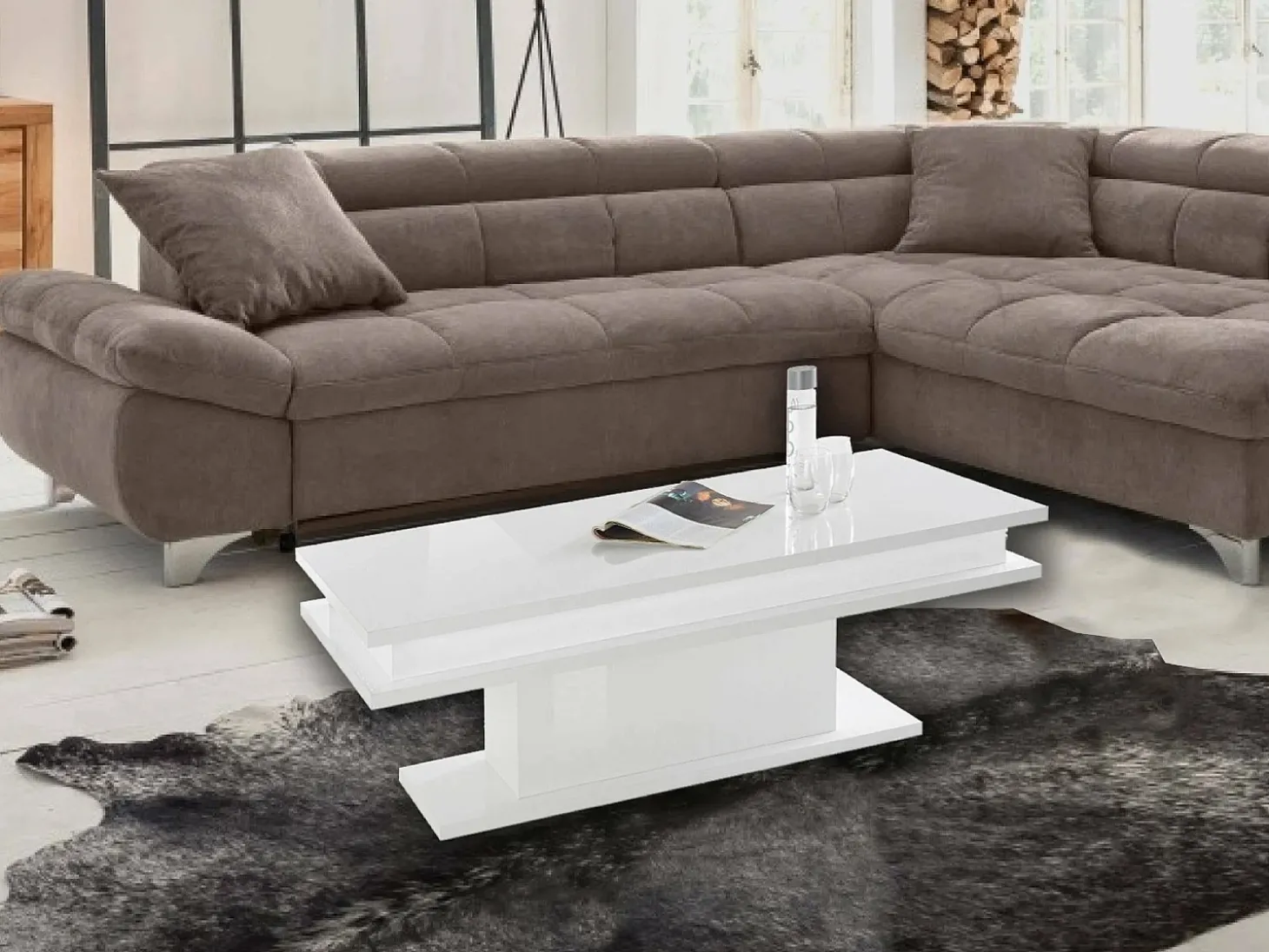 Mesa de centro Dgandin, Mesa de centro baixa, Porta-revistas, 100% Fabricado na Itália, 100x55h42 cm, Branco brilhante