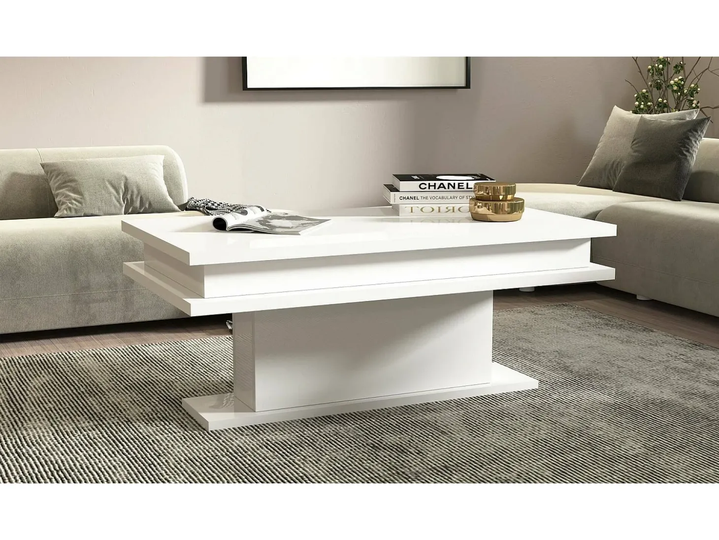 Mesa de centro Dgandin, Mesa de centro baixa, Porta-revistas, 100% Fabricado na Itália, 100x55h42 cm, Branco brilhante