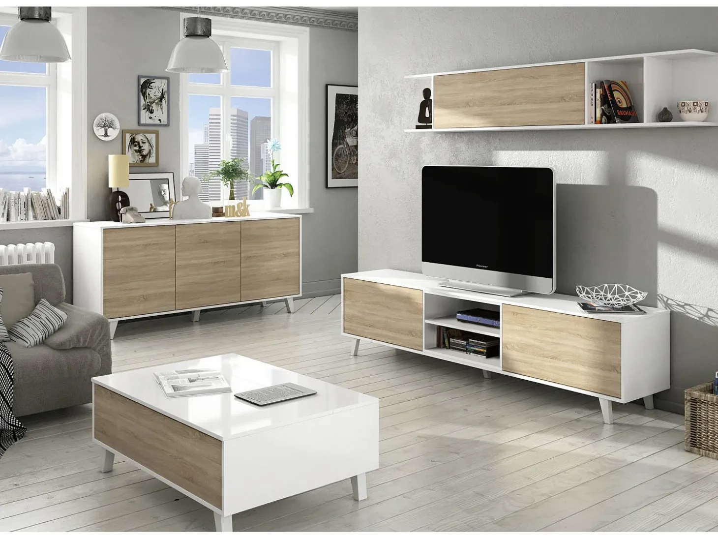 Mesa de centro Dgattus, Mesa de centro com tampo elevável, Mesa baixa de sala, 100x68h38 cm, Branco brilhante e carvalho