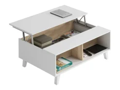 Mesa de centro Dgattus, Mesa de centro com tampo elevável, Mesa baixa de sala, 100x68h38 cm, Branco brilhante e carvalho