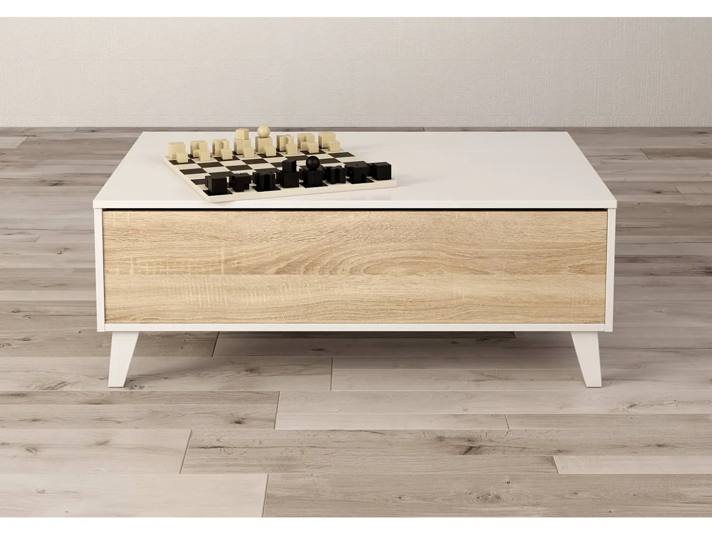 Mesa de centro Dgattus, Mesa de centro com tampo elevável, Mesa baixa de sala, 100x68h38 cm, Branco brilhante e carvalho