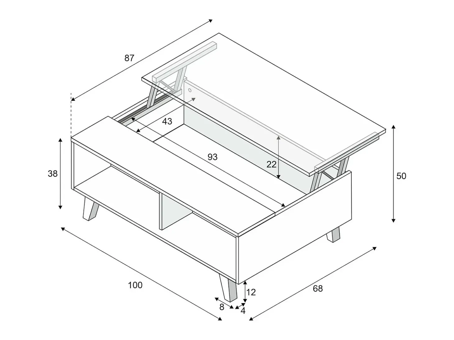 Mesa de centro Dgattus, Mesa de centro com tampo elevável, Mesa baixa de sala, 100x68h38 cm, Branco brilhante e carvalho