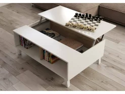 Mesa de centro Dgattus, Mesa de centro com tampo elevável, Mesa baixa de sala, 100x68h38 cm, Branco brilhante e carvalho