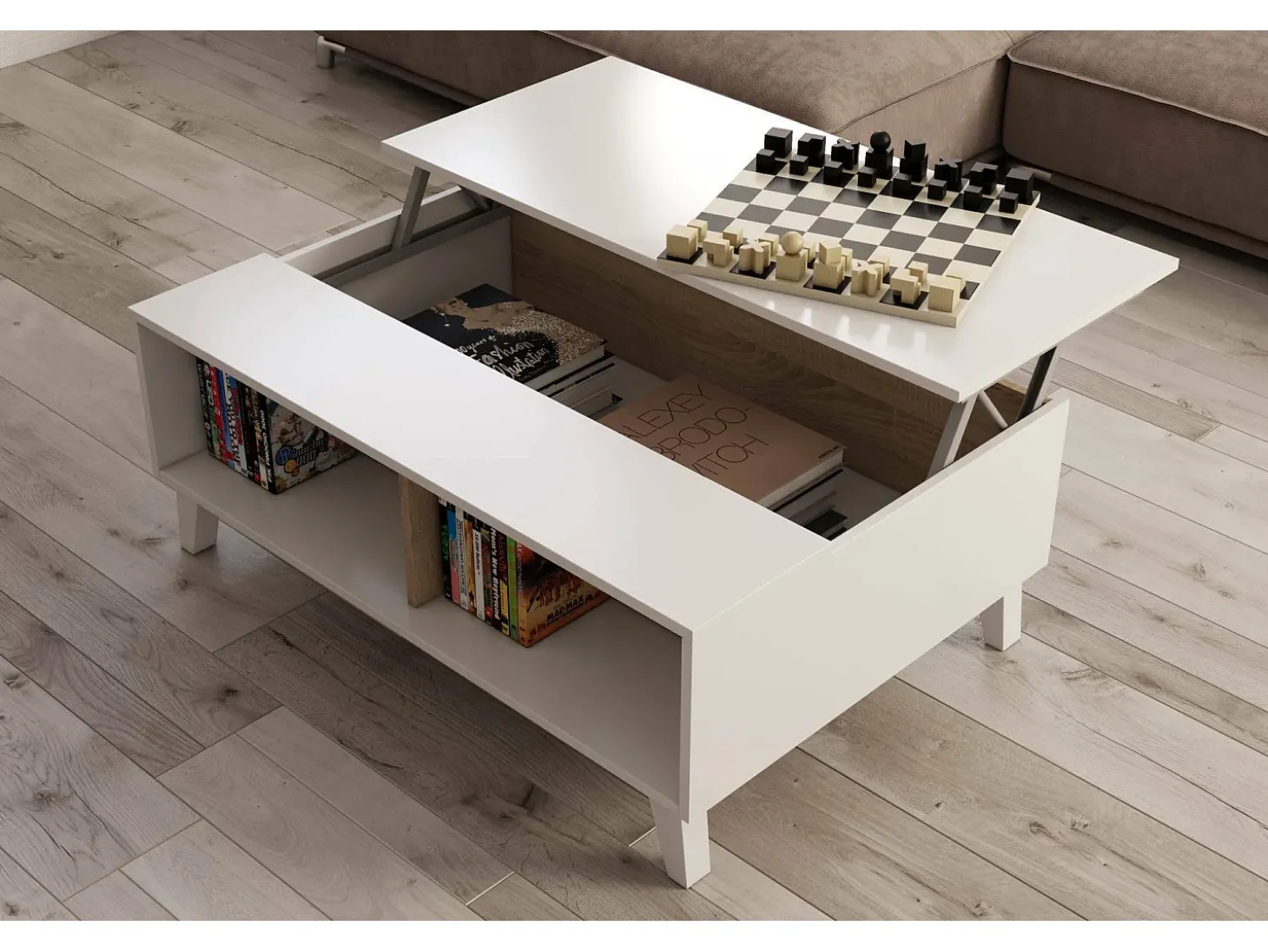 Mesa de centro Dgattus, Mesa de centro com tampo elevável, Mesa baixa de sala, 100x68h38 cm, Branco brilhante e carvalho