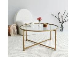 Mesa de centro Dhateboe, Mesa de café, PortadoresVistas para sofá, Prateleira de sala de estar, 83x83h40 cm, Ouro