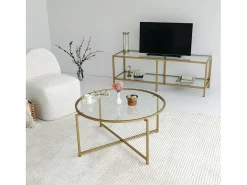 Mesa de centro Dhateboe, Mesa de café, PortadoresVistas para sofá, Prateleira de sala de estar, 83x83h40 cm, Ouro