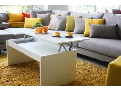 Mesa de centro Dlenzin, Mesa de centro com tampo elevatório, Mesa baixa da sala, 102x50h43/54 cm, Branco brilhante