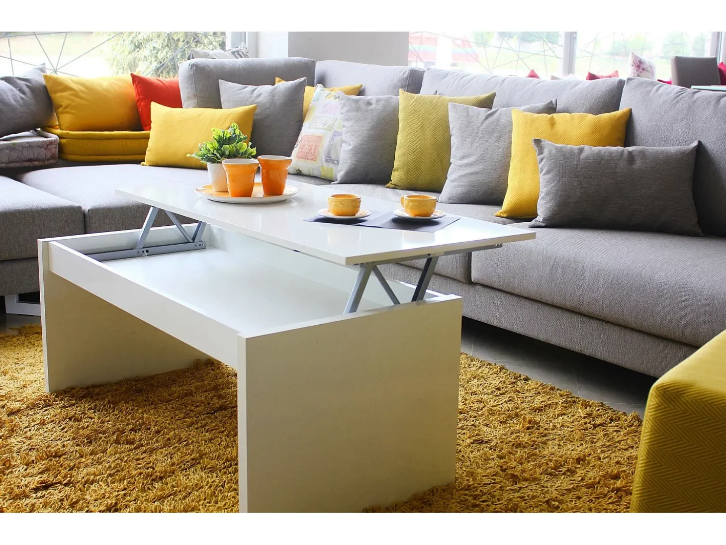 Mesa de centro Dlenzin, Mesa de centro com tampo elevatório, Mesa baixa da sala, 102x50h43/54 cm, Branco brilhante