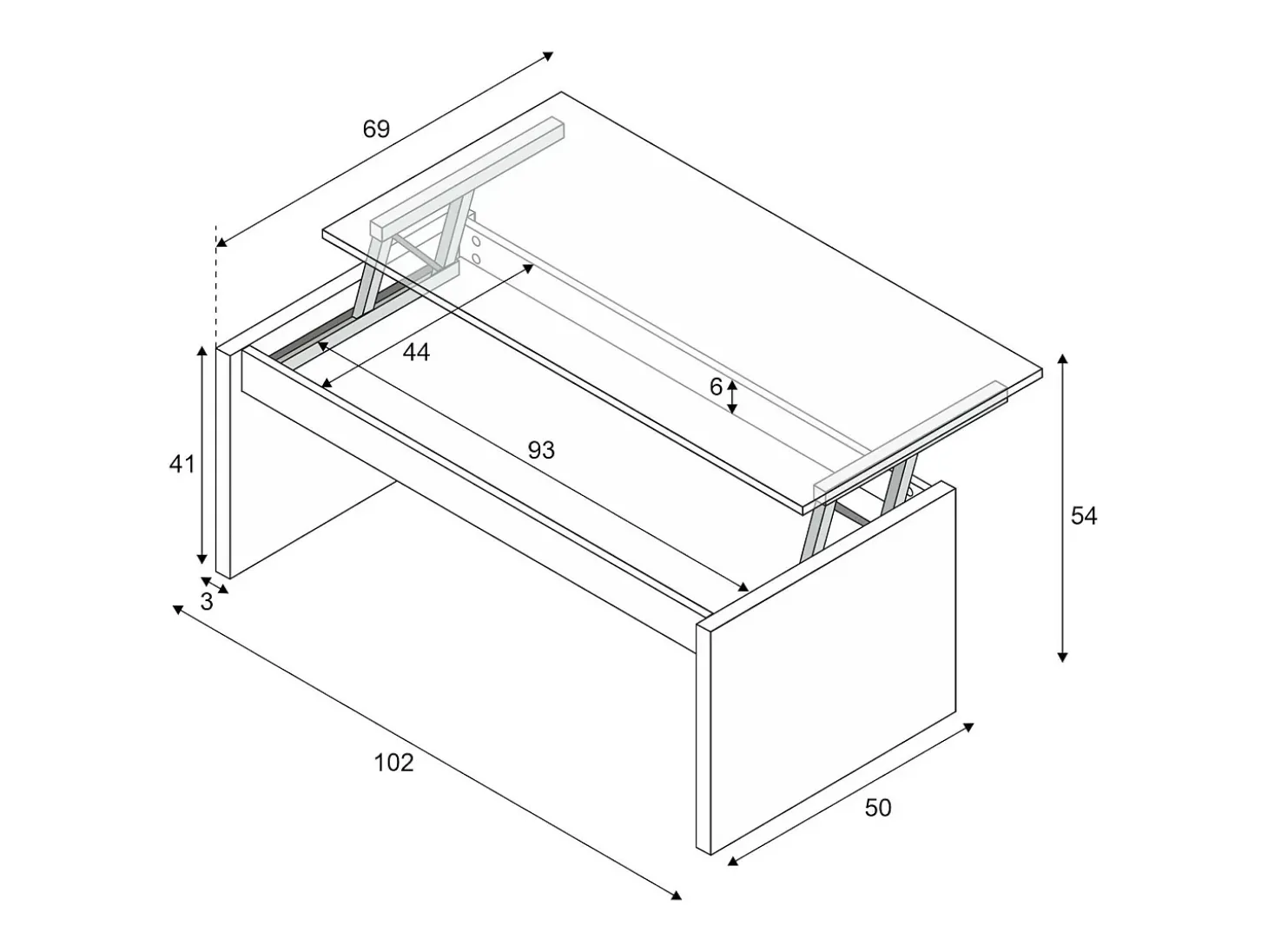 Mesa de centro Dlenzin, Mesa de centro com tampo elevatório, Mesa baixa da sala, 102x50h43/54 cm, Branco brilhante