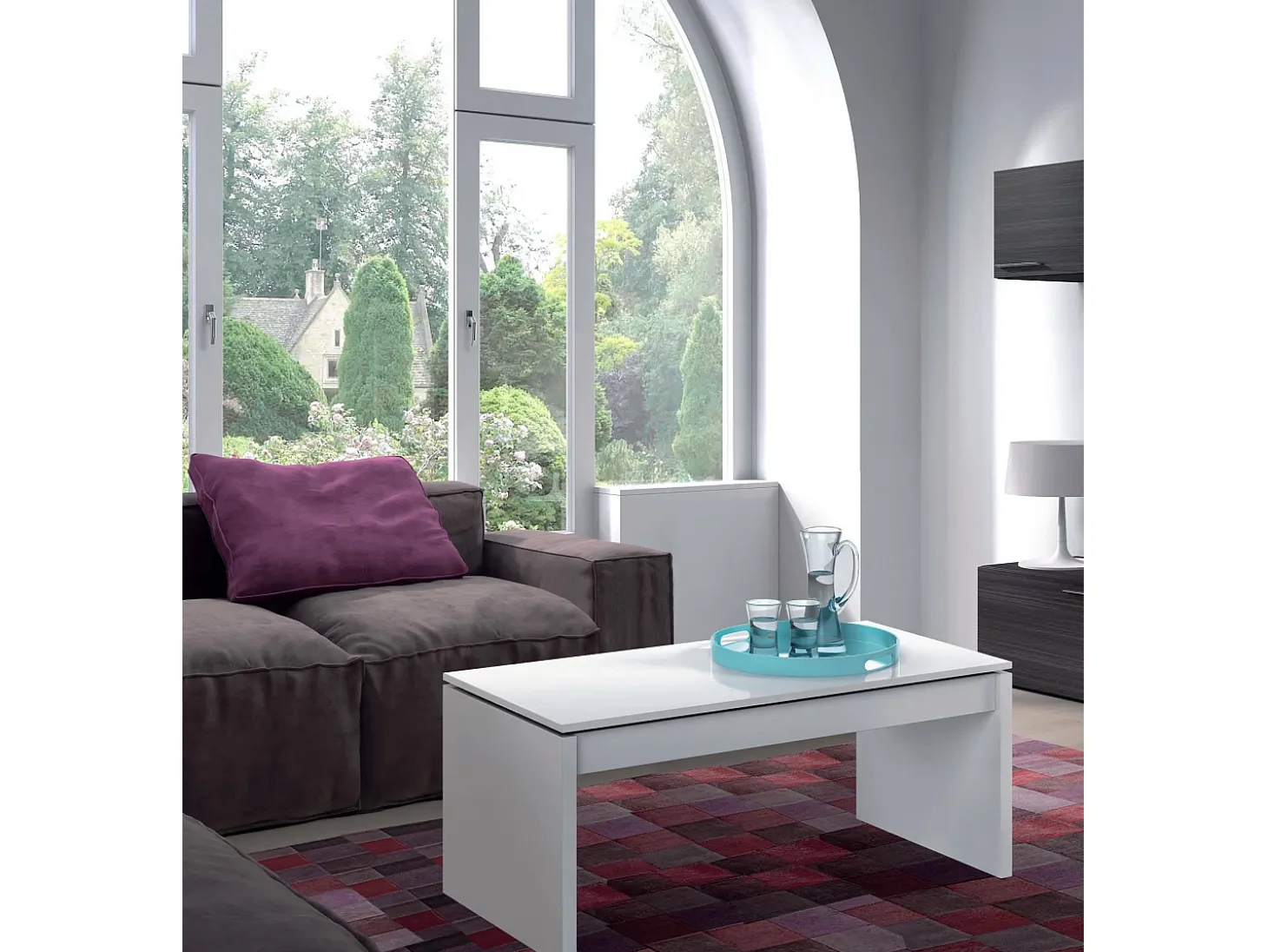 Mesa de centro Dlenzin, Mesa de centro com tampo elevatório, Mesa baixa da sala, 102x50h43/54 cm, Branco brilhante
