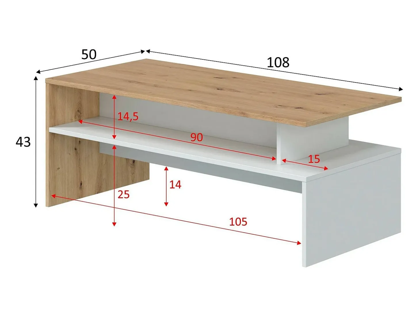 Mesa de centro Dmore, Mesa de centro da sala, Mesa de centro, Mesa baixa, 100x50h43 cm, Carvalho atado e Branco brilhante