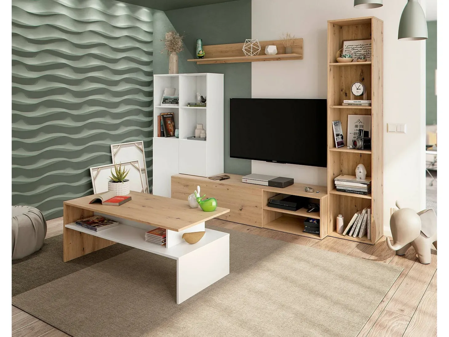 Mesa de centro Dmore, Mesa de centro da sala, Mesa de centro, Mesa baixa, 100x50h43 cm, Carvalho atado e Branco brilhante