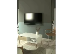 Mesa de centro Dvannin, Mesa de centro baixa, Porta-revistas para sofá, Estante de sala, 99x60 h43 cm, Branco e Carvalho