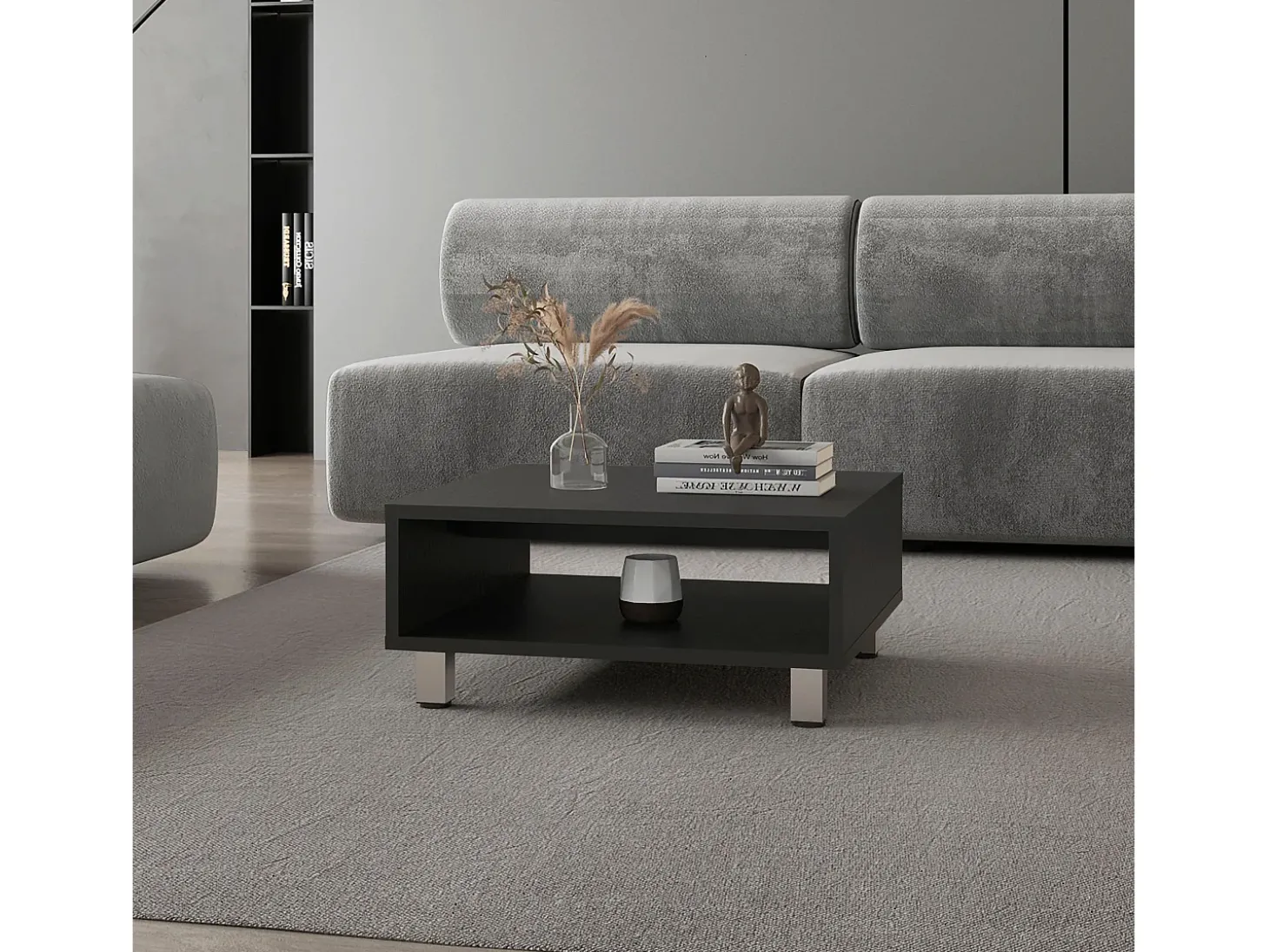 Mesa de centro Eclipse em melamina com prateleiras inferiores e 4 pés , preto , 26.9 cm X 60 cm X 60 cm